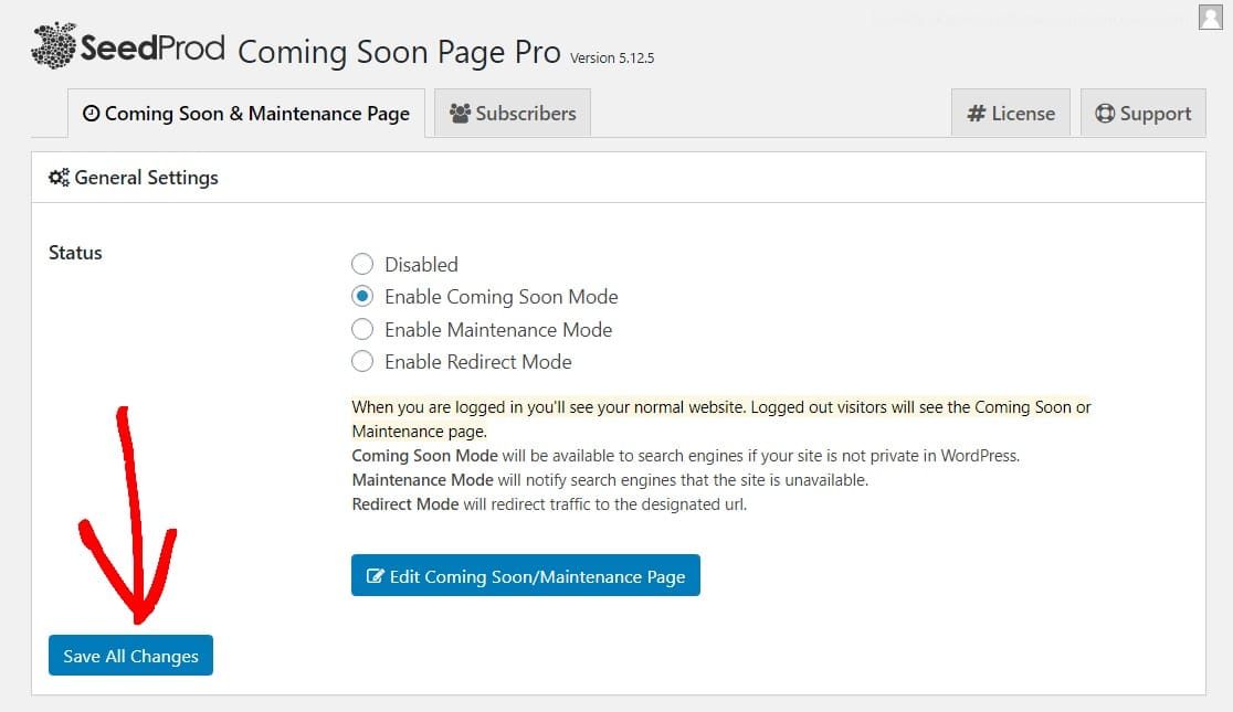 save all changes how to create a coming soon page in wordpress