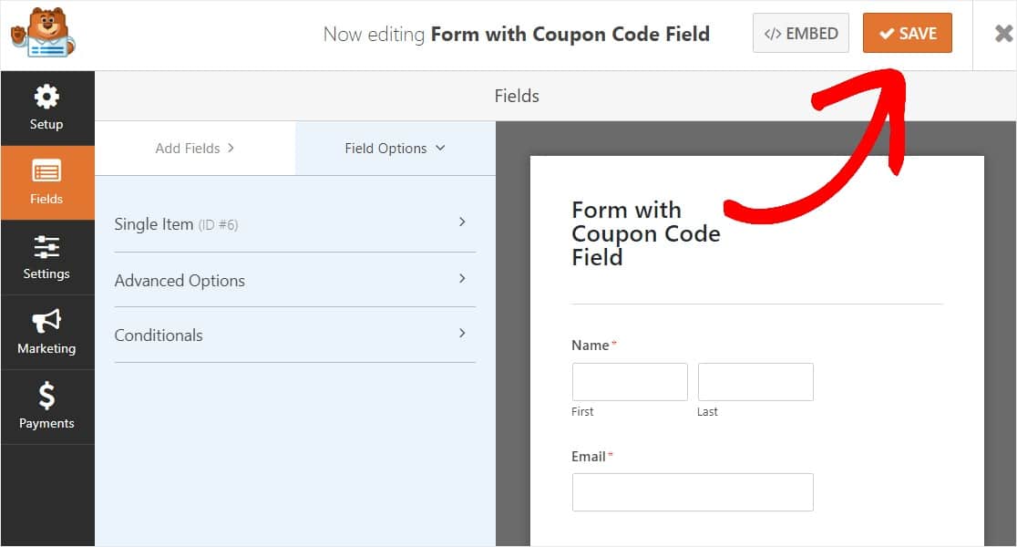 save form with coupon code field