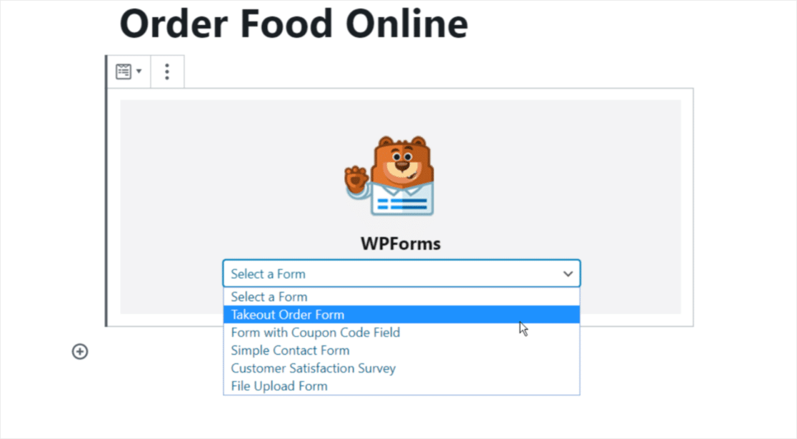 select restaurant order form