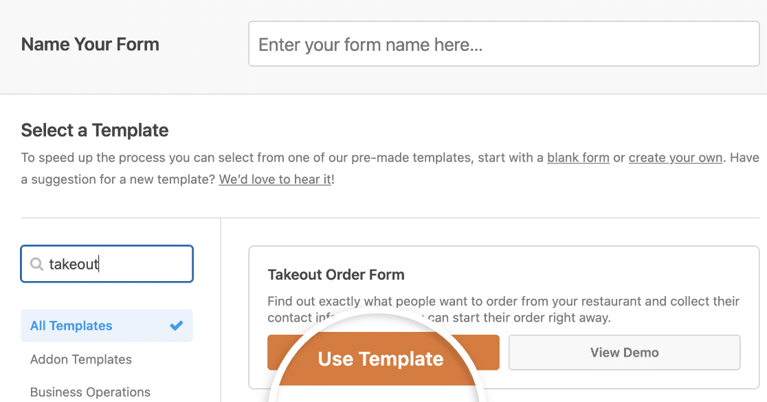 Selecting the Takeout Order Form template