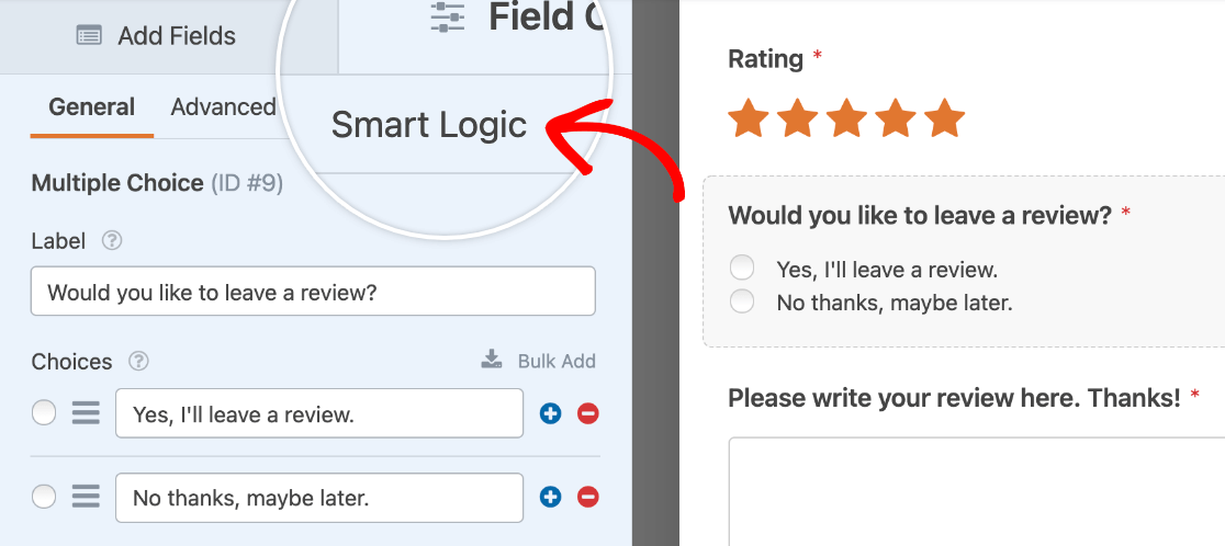 Clicking on the Smart Logic tab in the Field Options panel