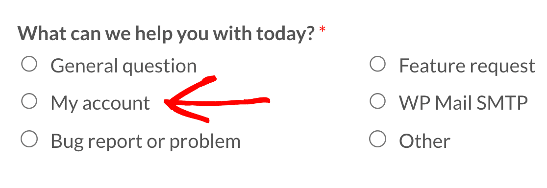 Selecting My Account as the reason from contact in the support form