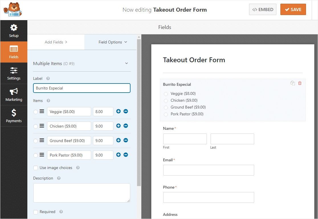 takeout order form customizations