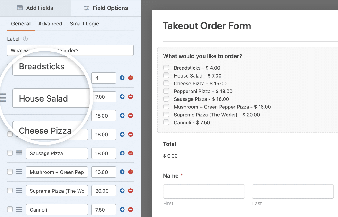 Editing the items in your restaurant order form