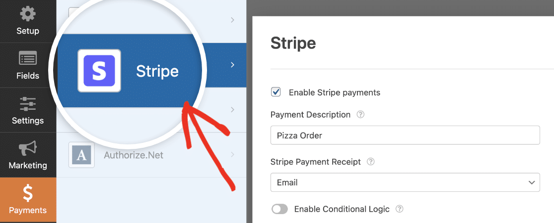 Opening the Stripe Payments settings for a takeout order form