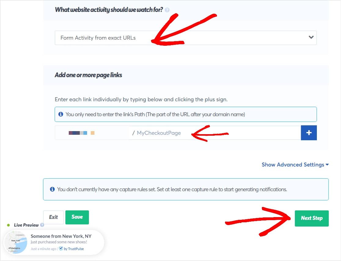 website activity settings in trustpulse for live sales notification