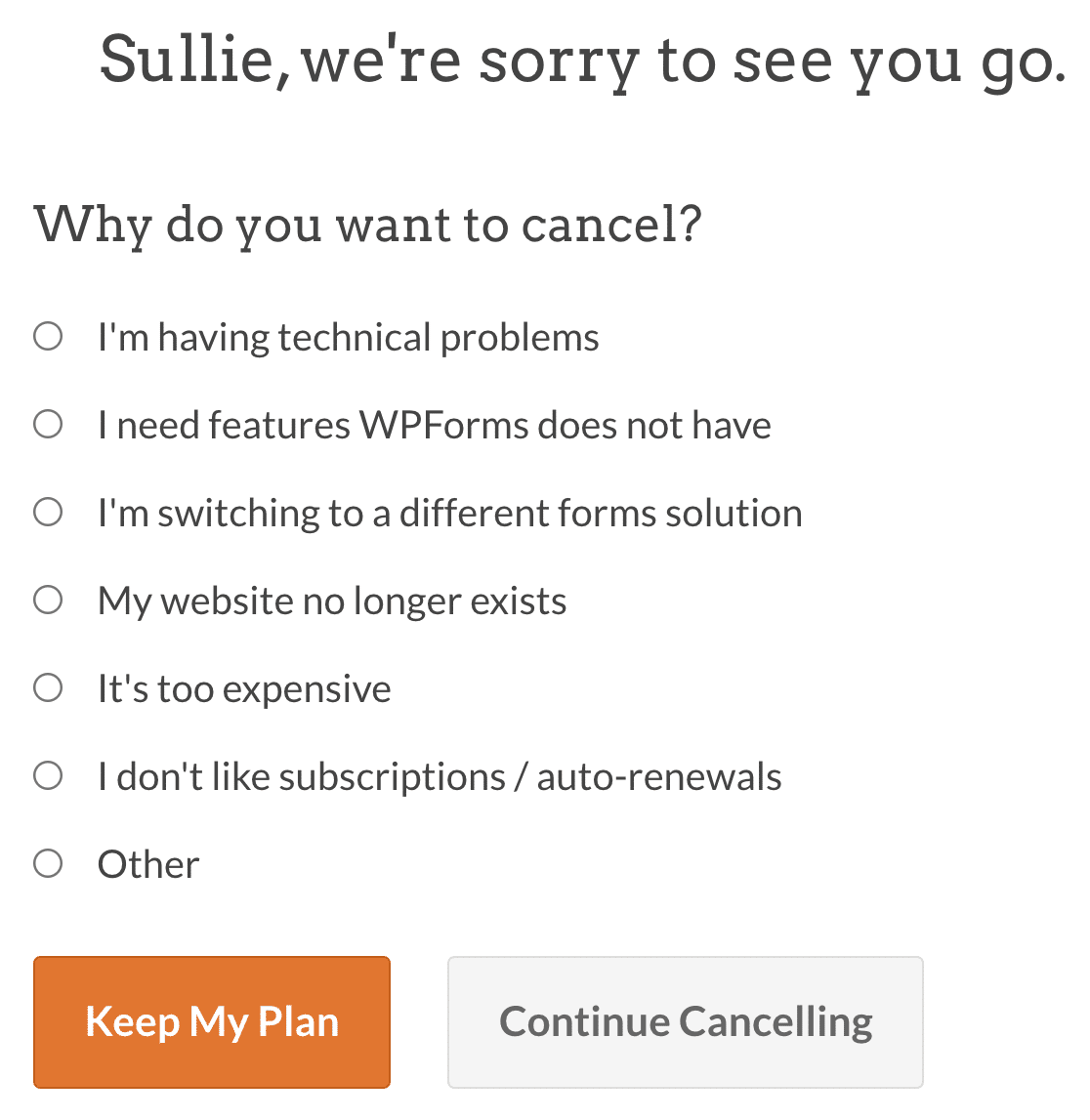Choosing a reason for canceling your WPForms license