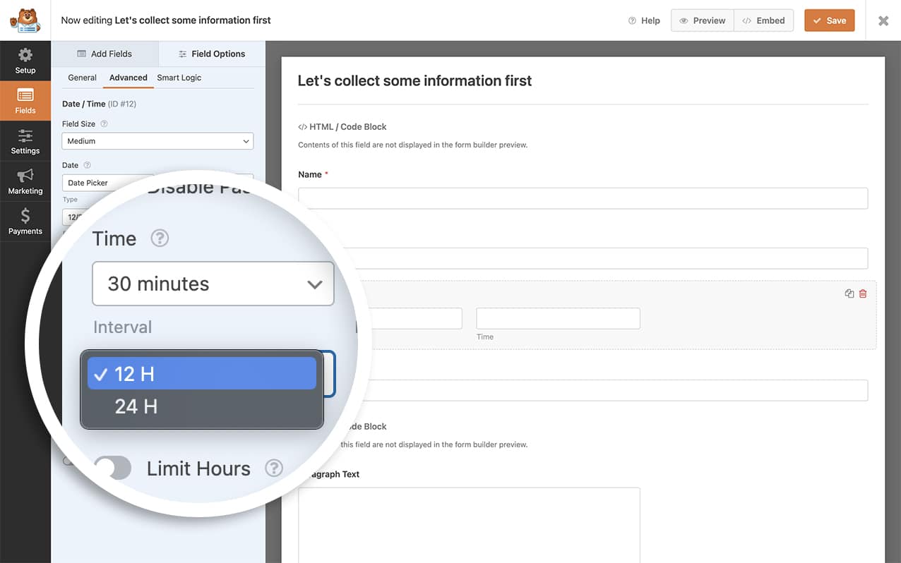 by default, you have a 12 hour and a 24 hour time format for your time field