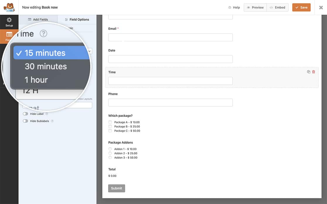 default available time intervals time picker