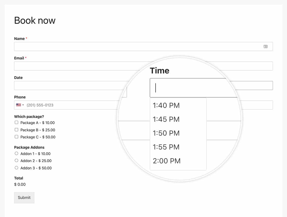 now you can see the new time picker field has the additional time intervals shown correctly in the dropdown