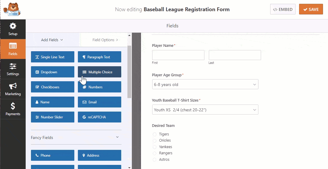 Add fields to Youth Sport Registration Form