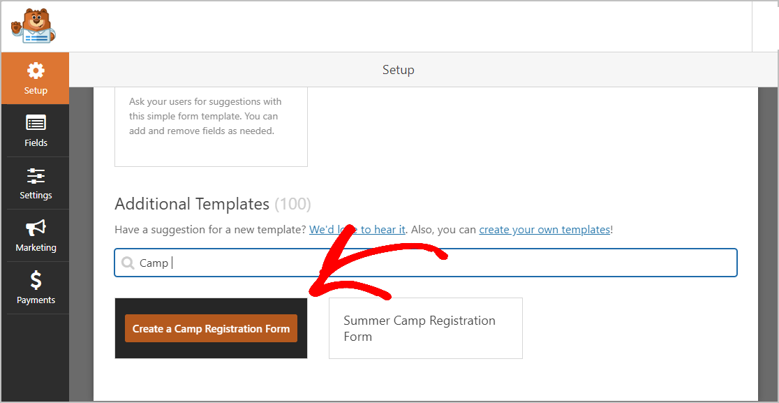 Camp Registration Form Selection