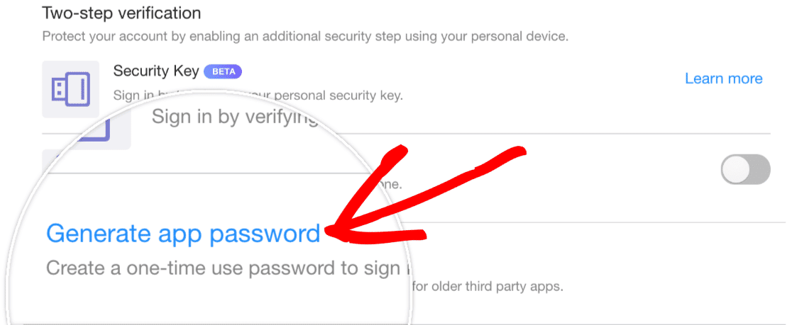 Opening the app password option in Yahoo security settings