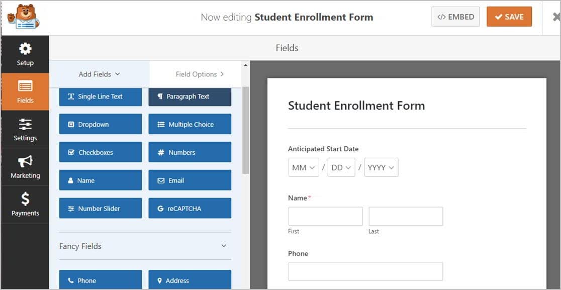 Student Enrollment Template Fields