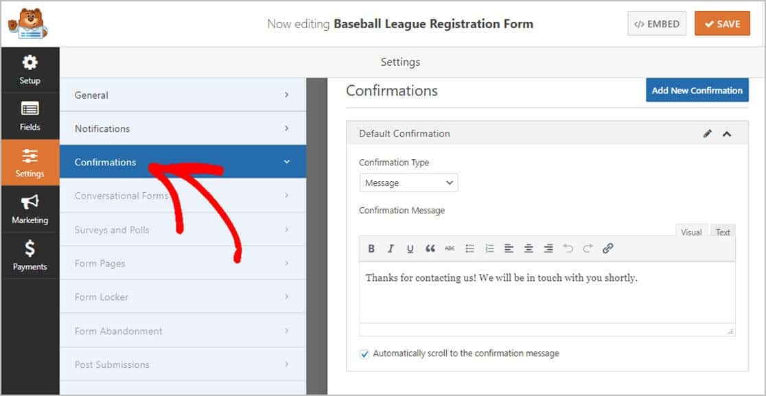 Youth Registration Form Confirmations