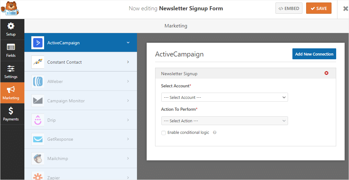 activecampaign form settings in wordpress