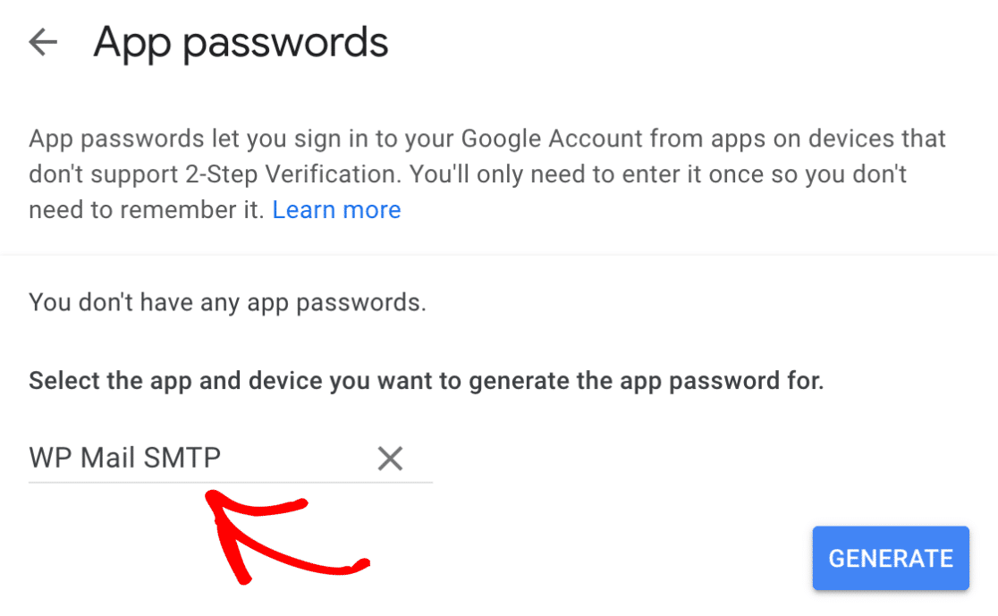 Entering a custom name for your Google app password