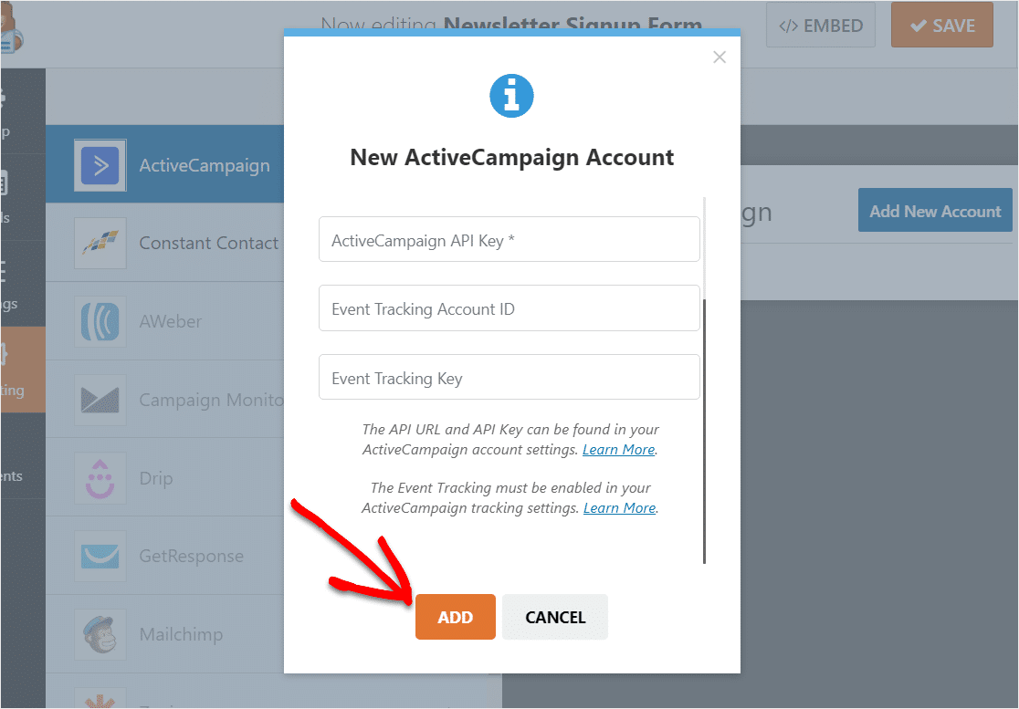 add new activecampaign account to wpforms