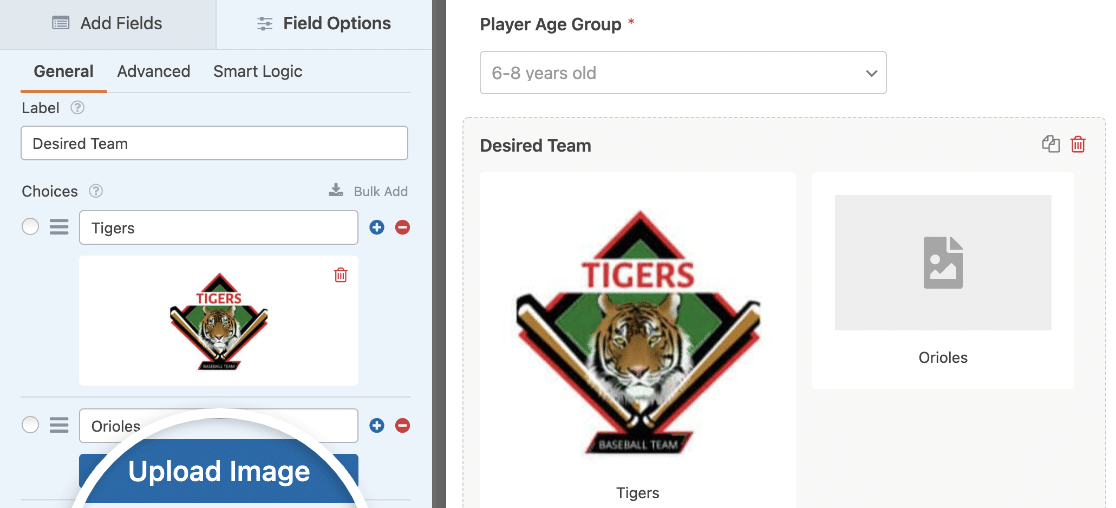 Adding image choices to a youth sports registration form