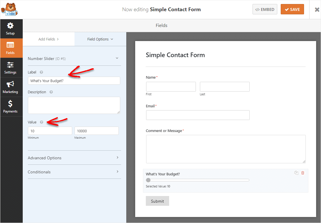 change values and label in range slider field