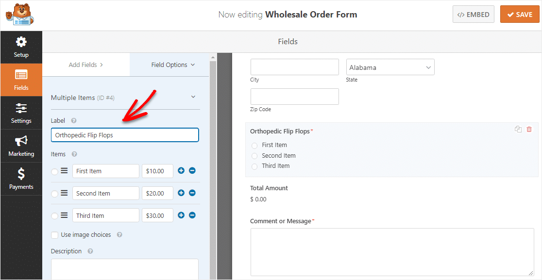 change wholesale order form multiple item label