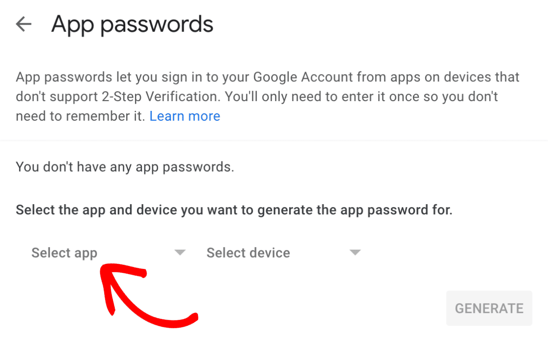 Google app password select app dropdown
