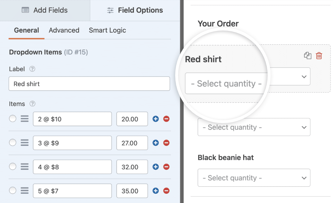 Opening the field options for a Dropdown Items field