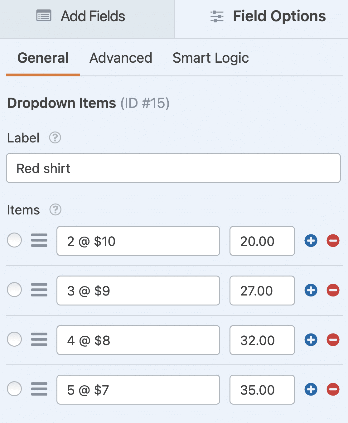 The field options for the Dropdown Items field
