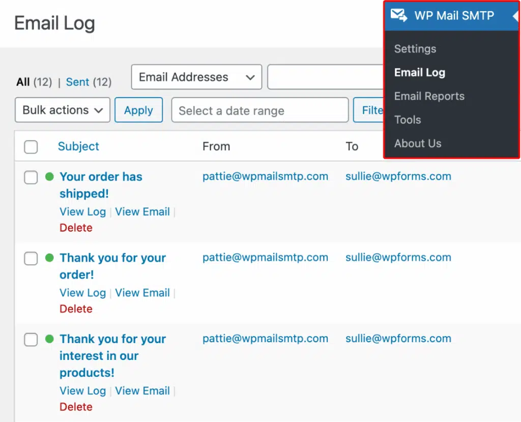 email logs wp mail smtp