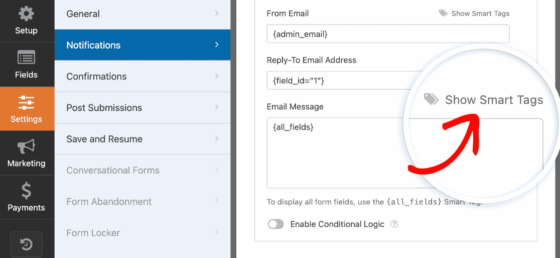 Showing Smart Tags you can add to an email notification message
