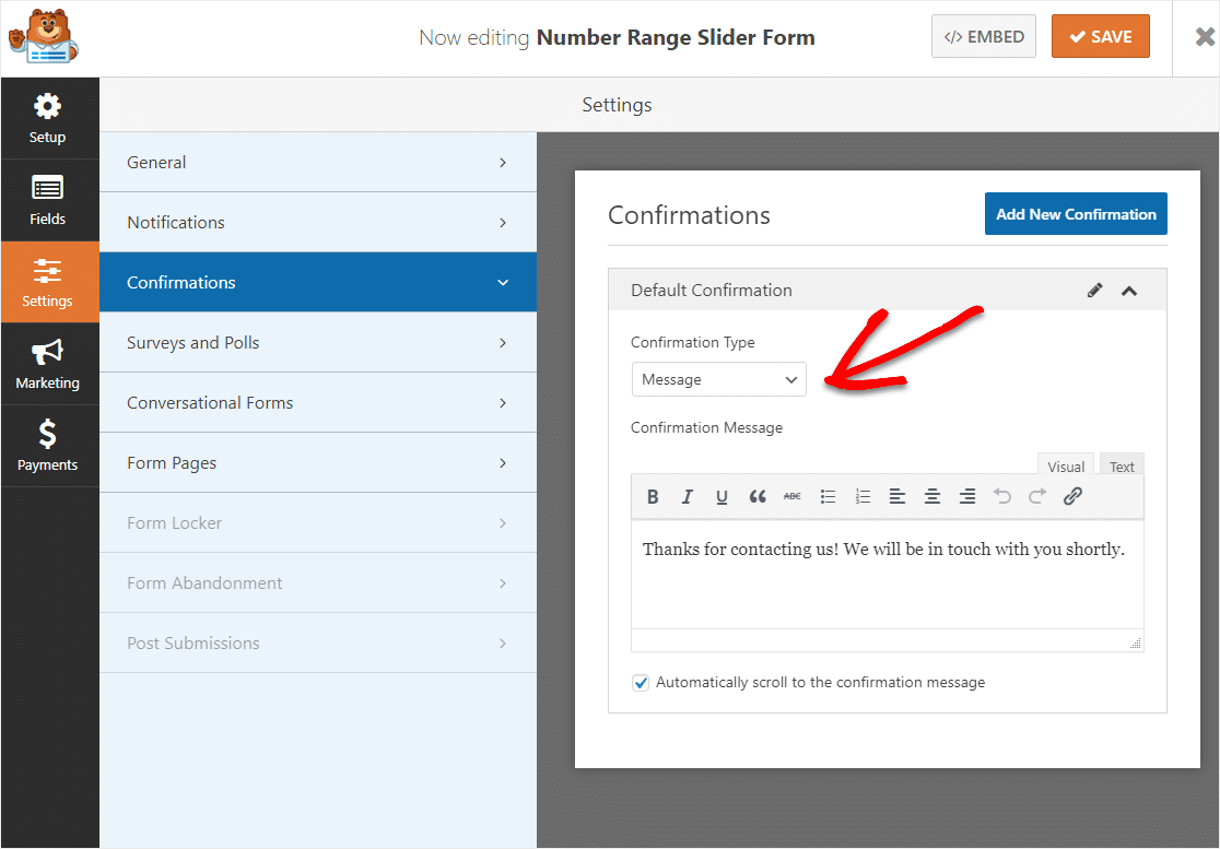 message confirmation type on range slider form