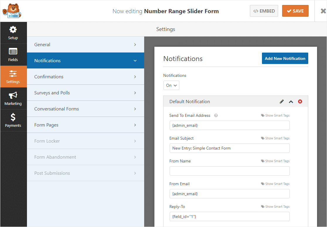 number range slider form notifications