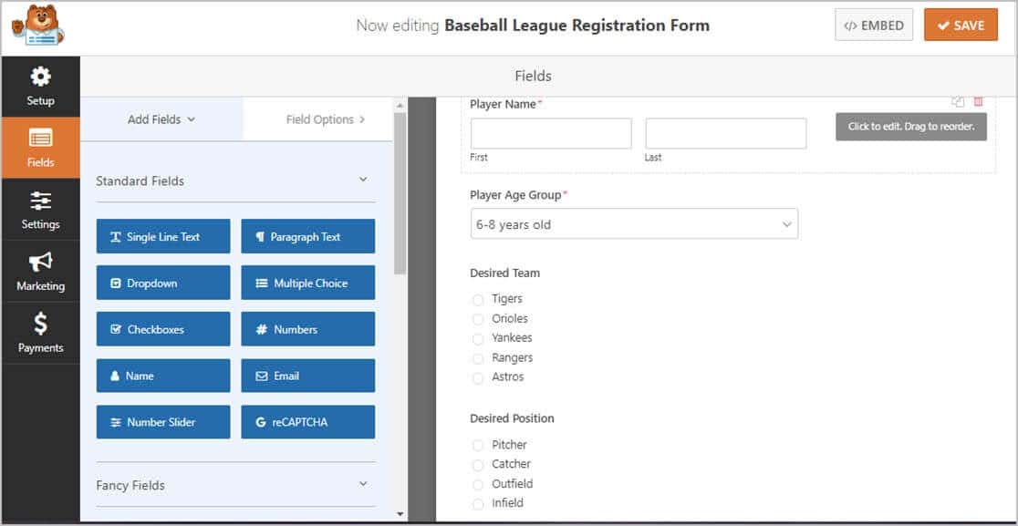 online youth sports template fields