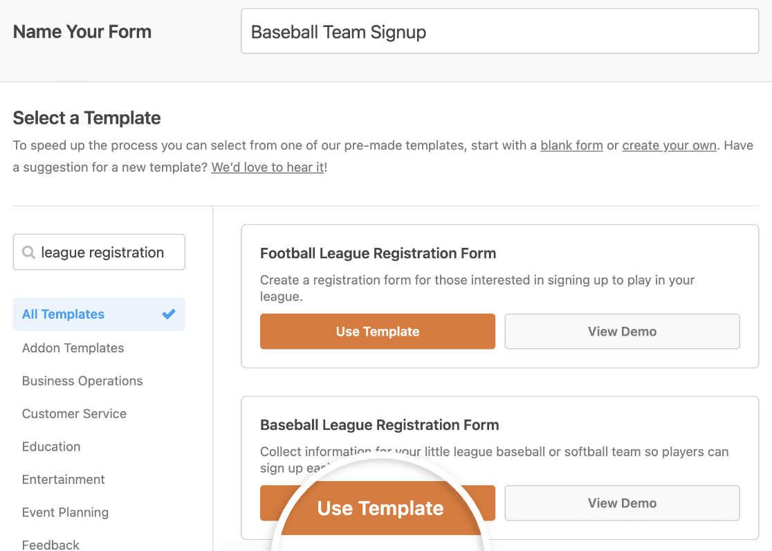 Choosing a sports league registration form template