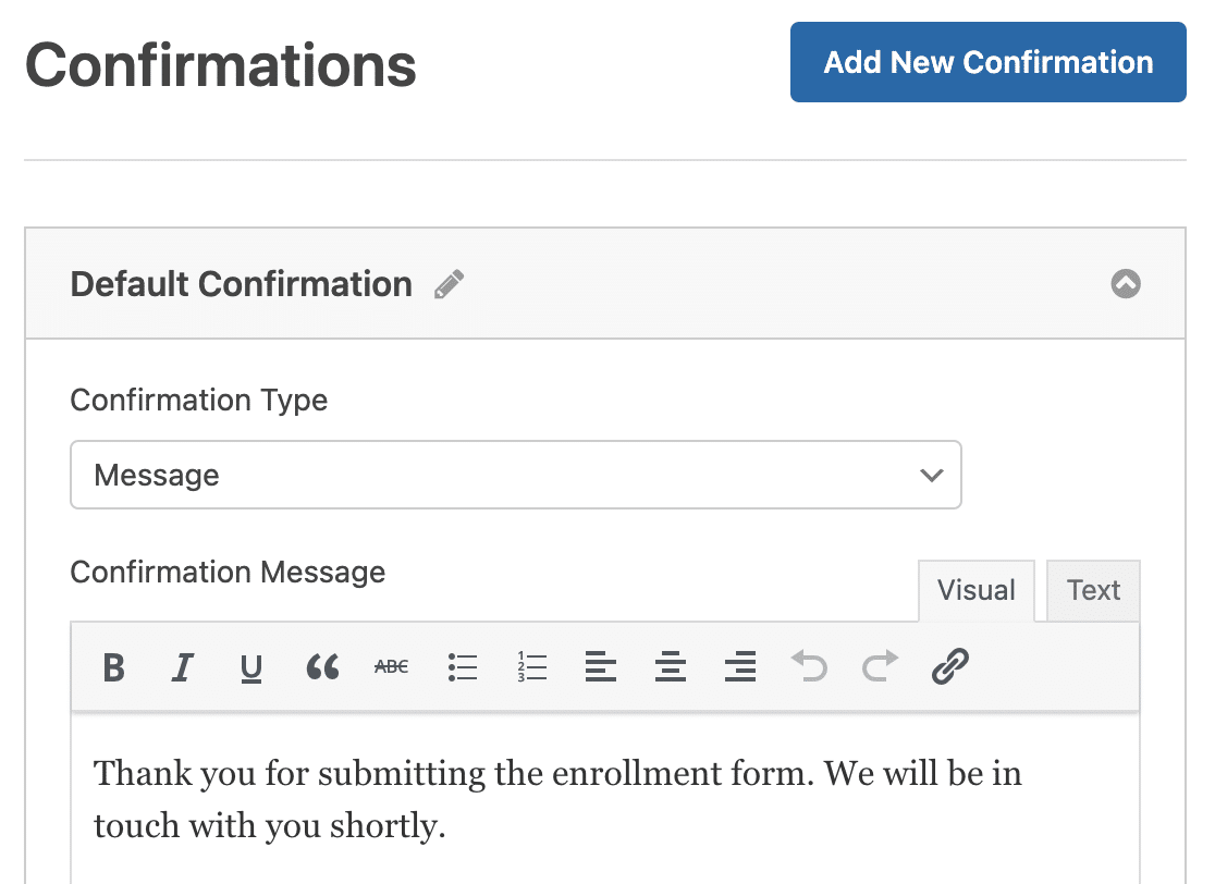 A student enrollment form confirmation message