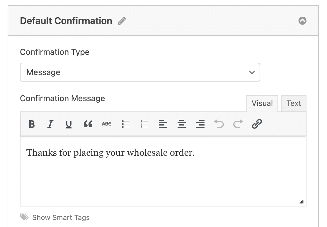 A wholesale order form confirmation message