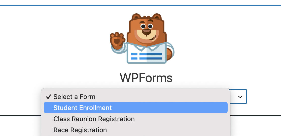 Choosing your student enrollment form in the WPForms block
