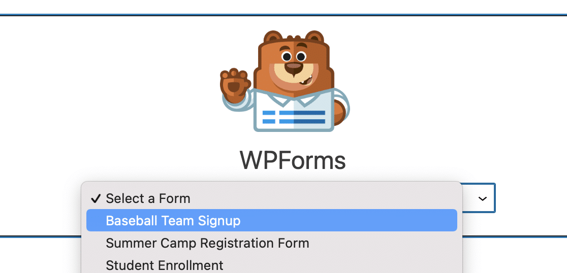 Selecting your youth sports registration form from the WPForms block