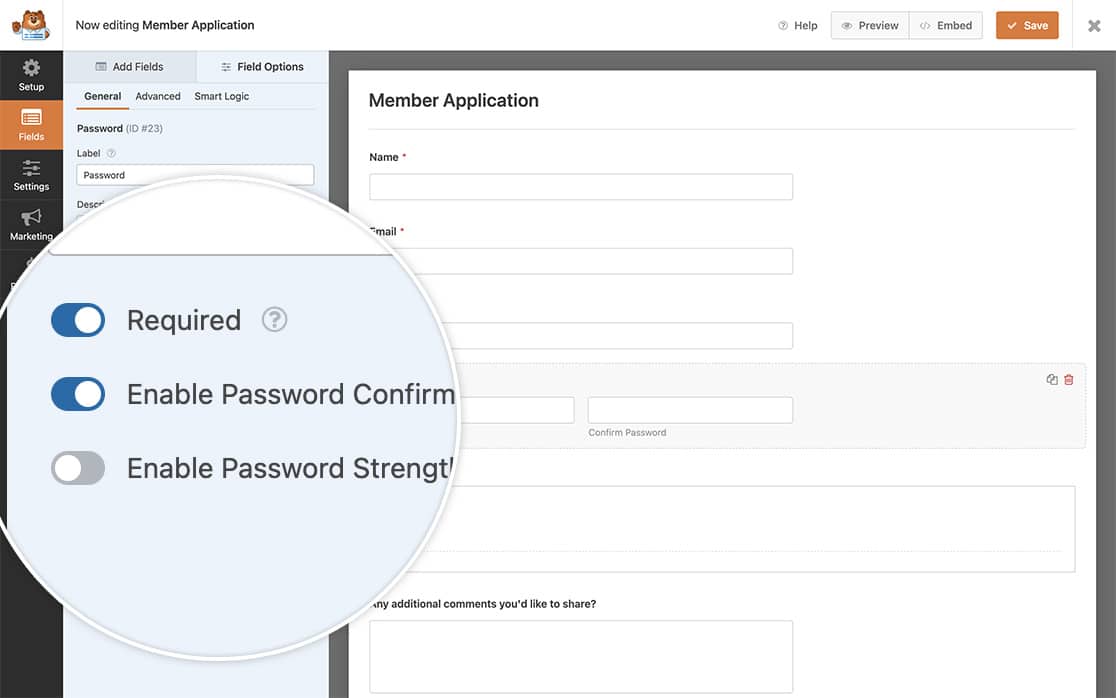 add the Password field and click to Enable Password Confirmation