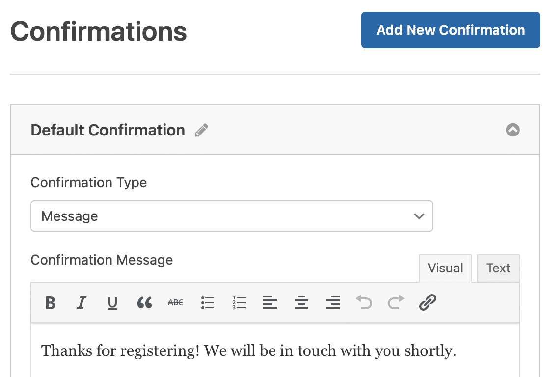 A youth sports registration form confirmation message