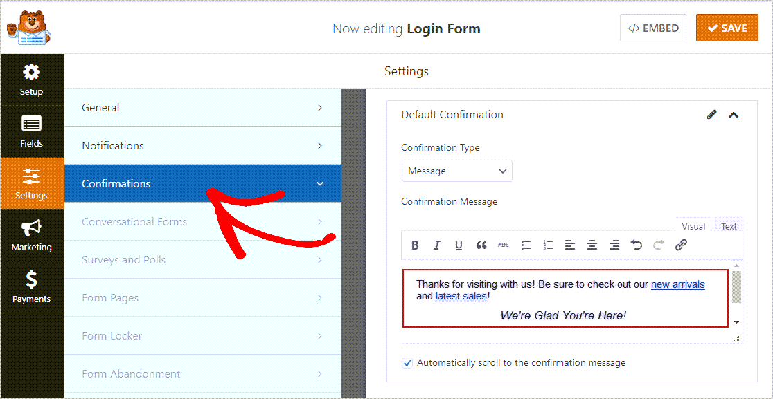 Confirmation Login Form Settings with text