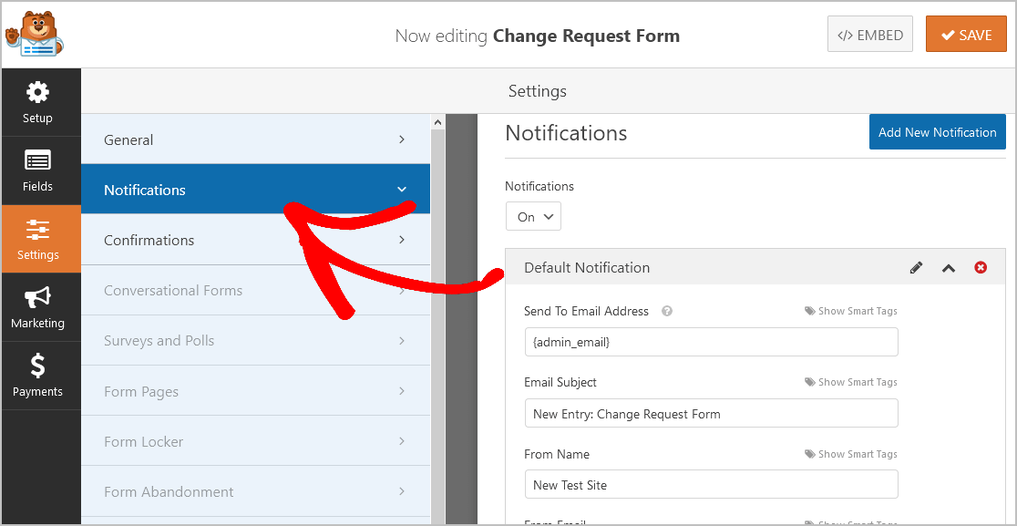 Notifications Change Form