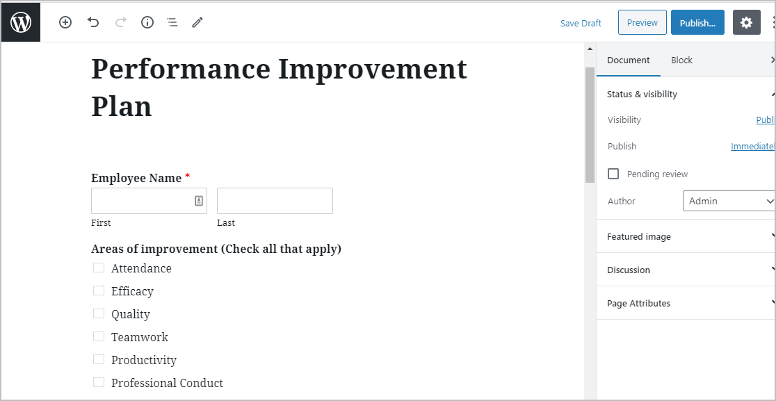 Place Performance Improvement Plan Form