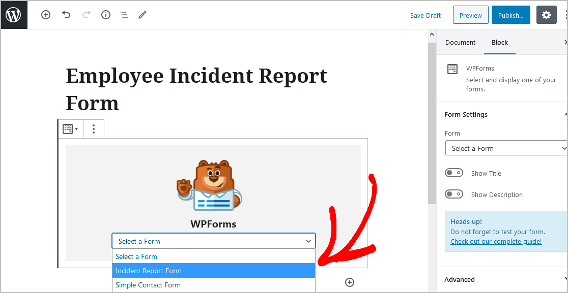 Select Incident Report Form