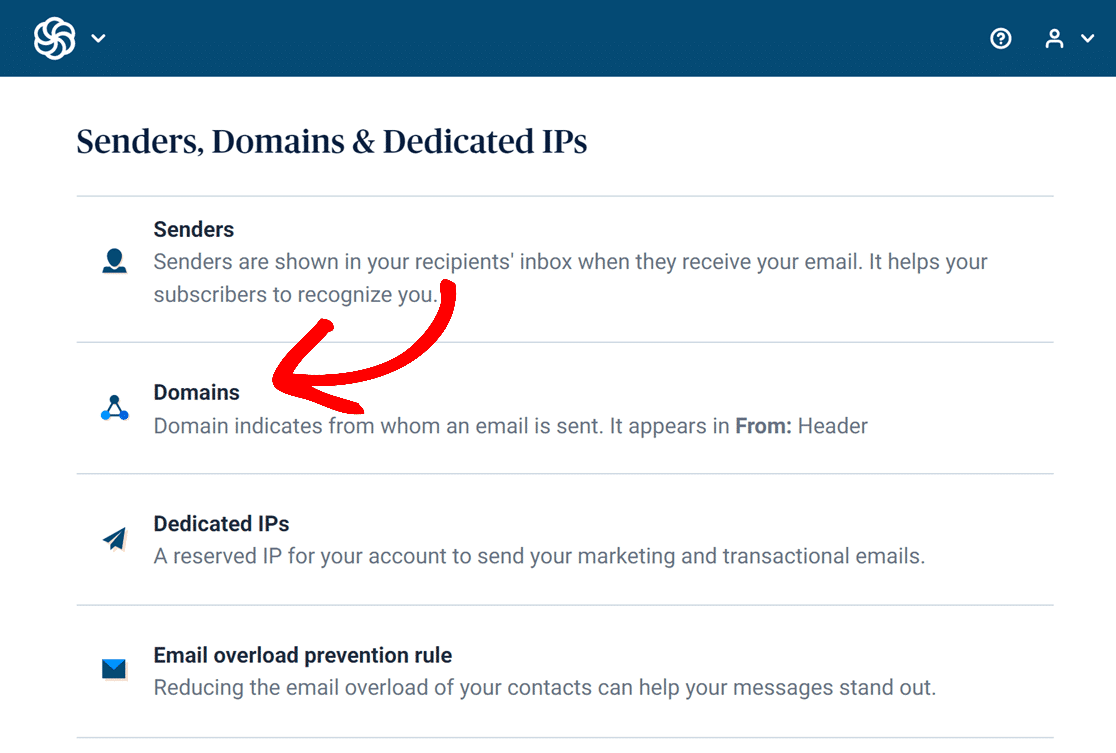 Selecting the domains option 
