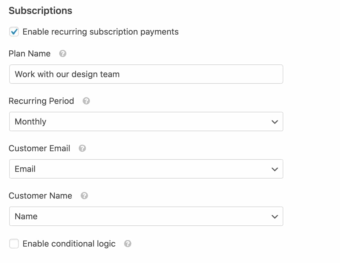 Subscription settings for Authorize Net in WPForms