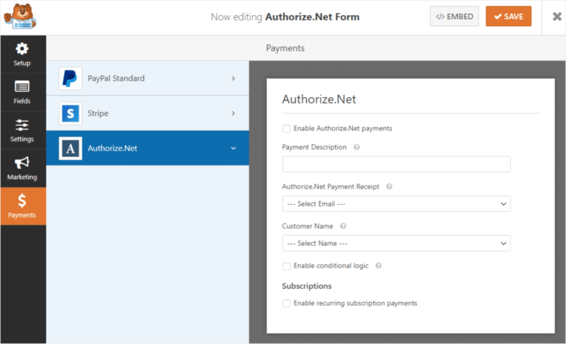 워드프레스 WPForms와 Authorize.Net 통합