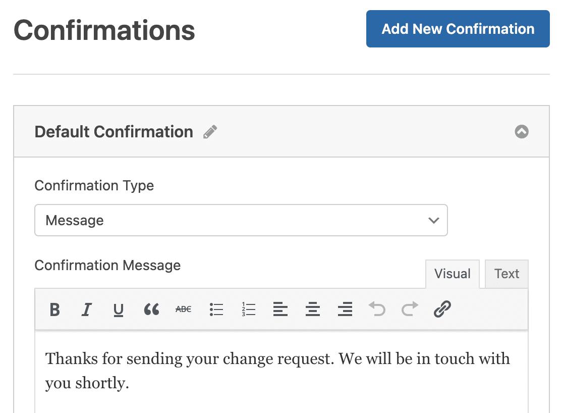 A change request form confirmation message