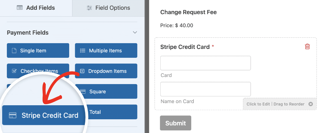 Adding payment fields to a change request form