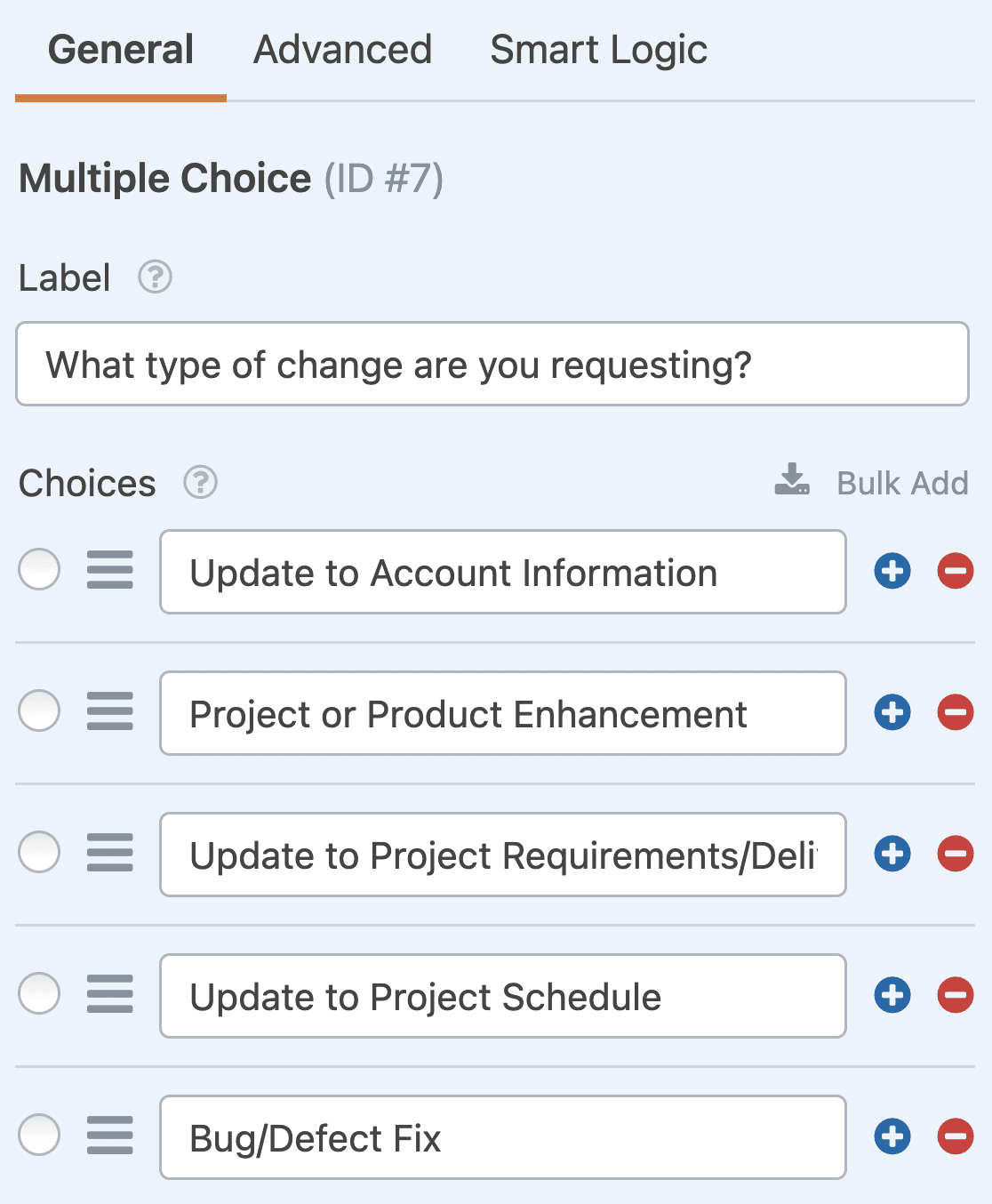 Editing the Multiple Choice items in a change request form